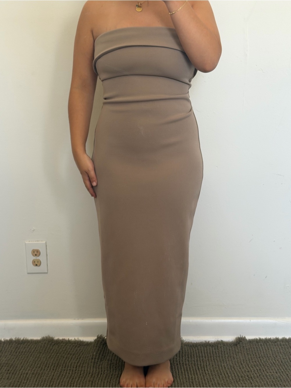 Babaton Strapless Midi Dress in Taupe